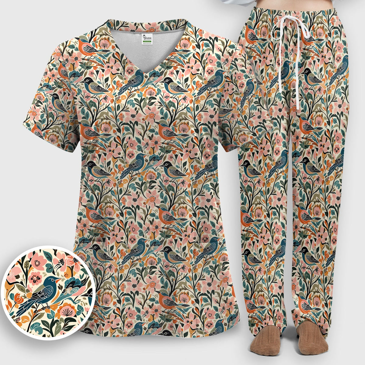 Folk Art Songbird Floral Nurse Scrub Set