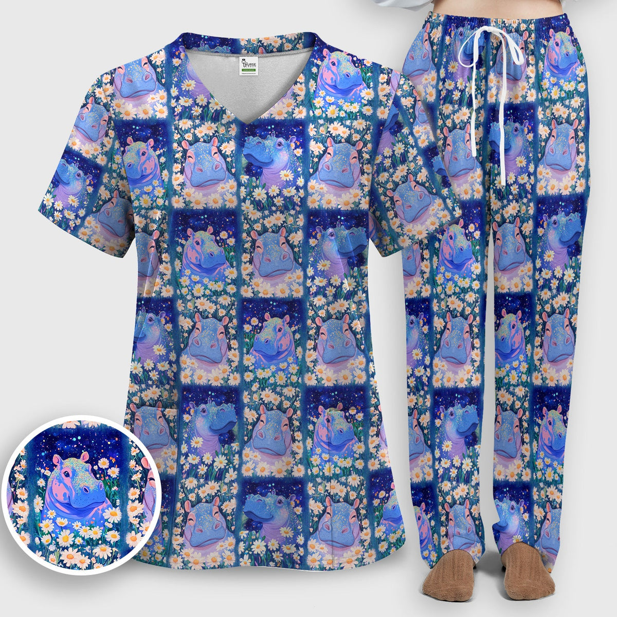 Hippo Daisy Patchwork Nurse Scrub Set