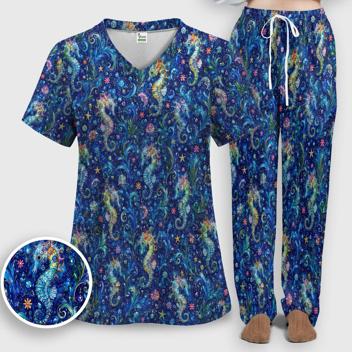 Vibrant Seahorse Ocean Swirl Nurse Scrub Set