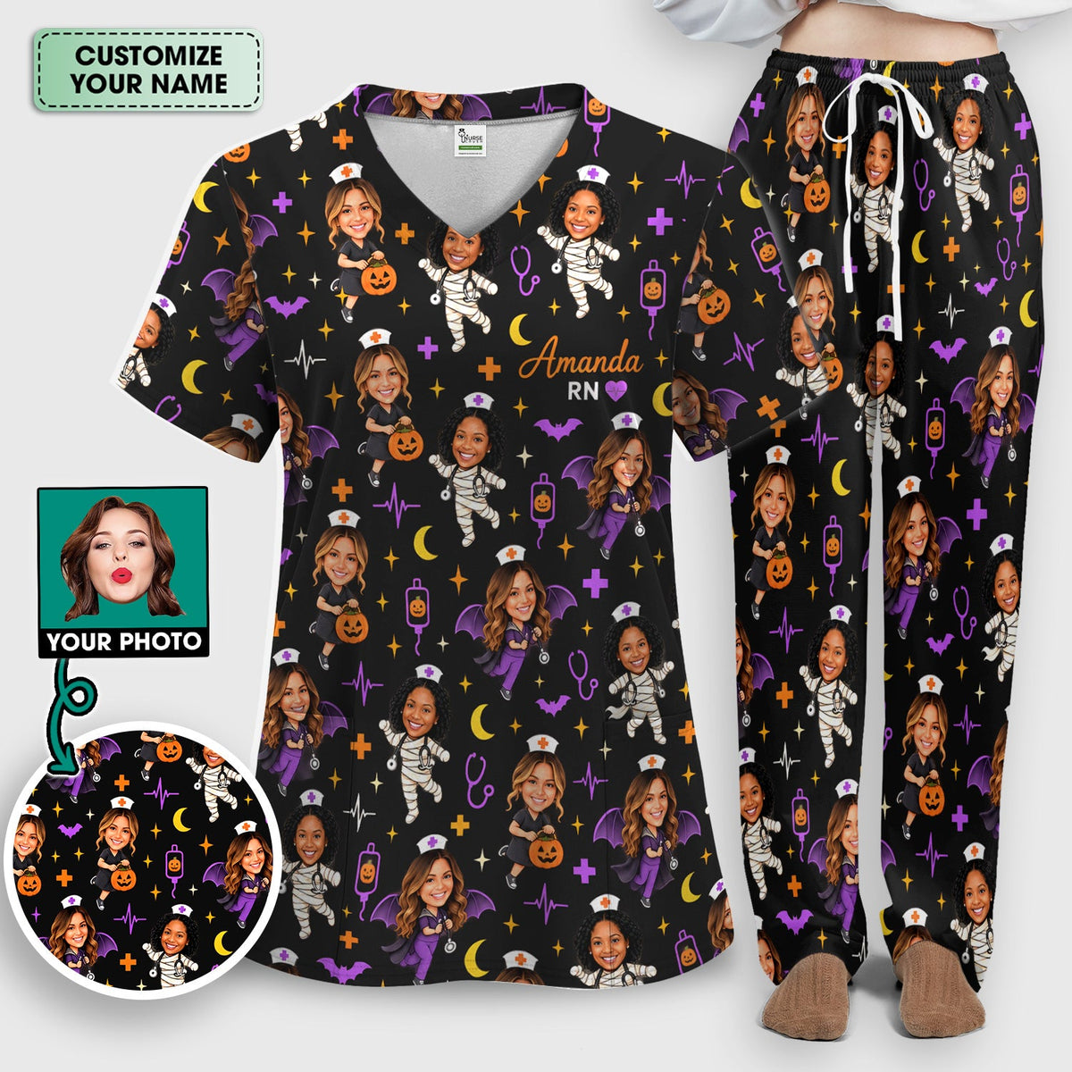 Personalized Halloween Photo Nurse Scrub Set