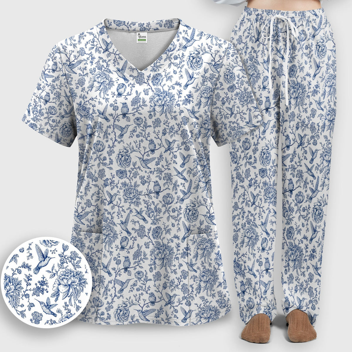 Blue Toile Hummingbird Floral Nurse Scrub Set