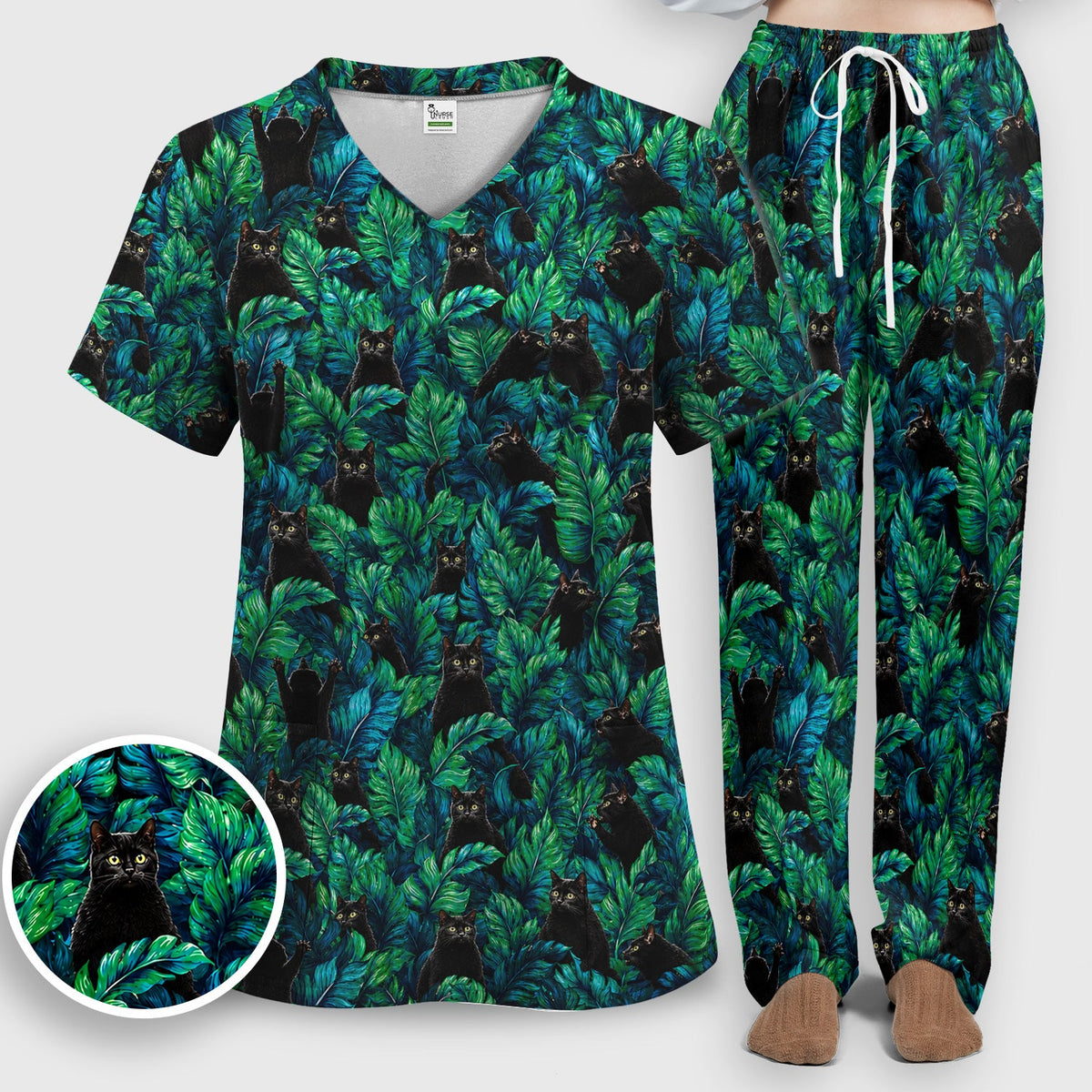 Black Cat Tropical Jungle Nurse Scrub Set