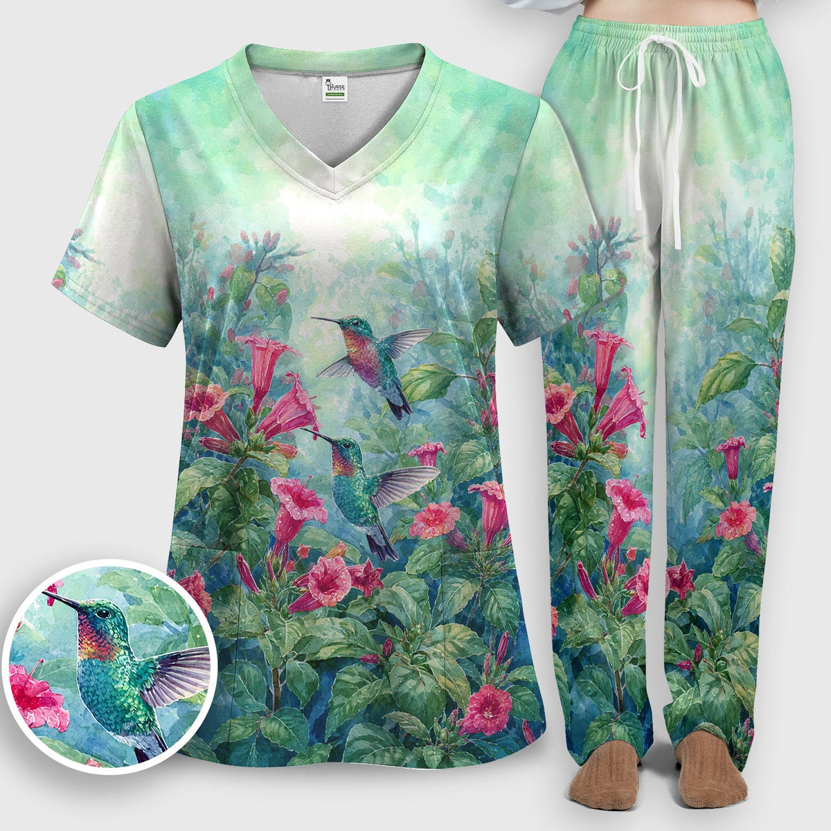 Vintage Hummingbird Floral Garden Nurse Scrub Set