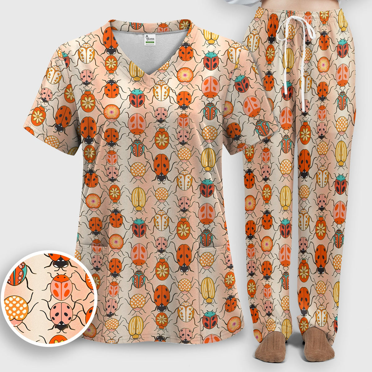 Ladybug Beetle Floral Nurse Scrub Set