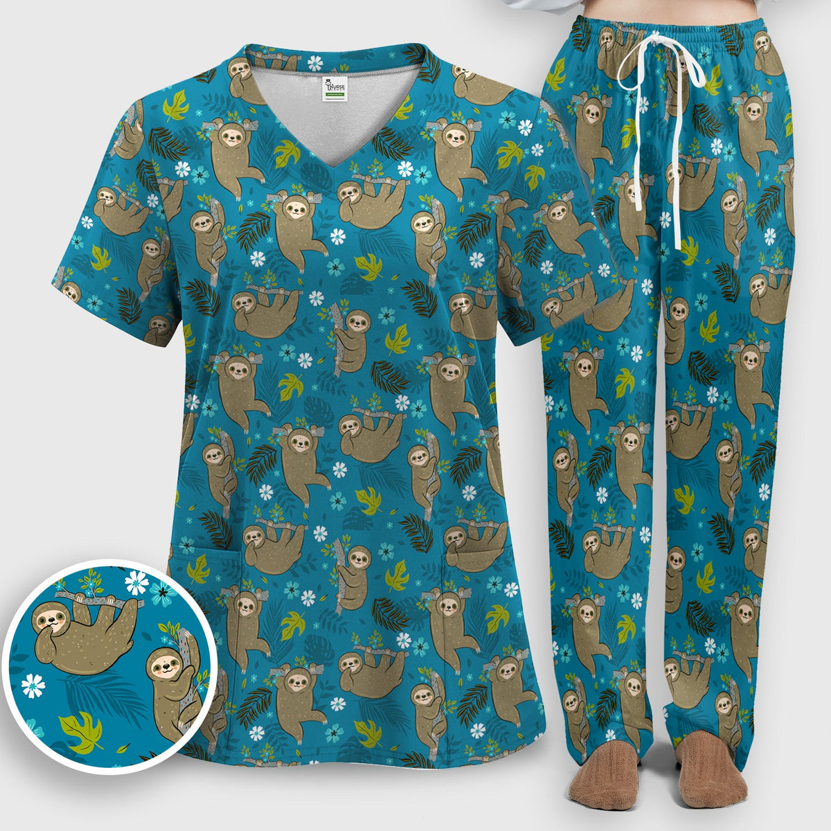 Jungle Tropical Sloth Nurse Scrub Set