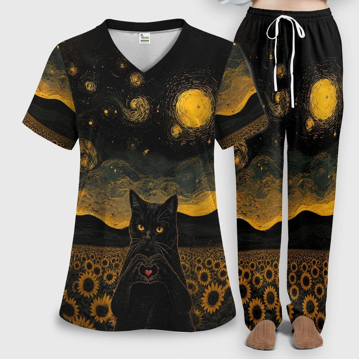 Cute Black Cat Sunflower Night Nurse Scrub Set