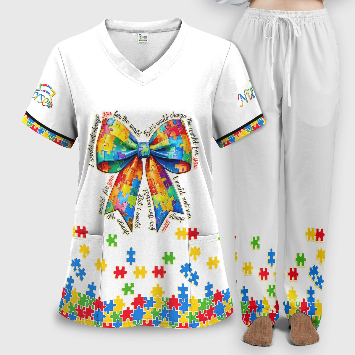 Autism Puzzle Bow Colorful Pieces Nurse Scrub Set