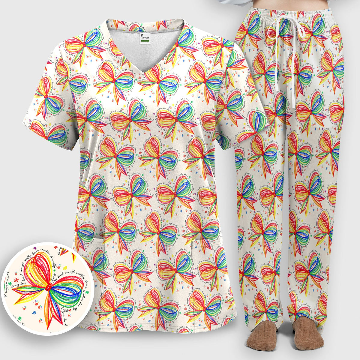 Colorful Rainbow Bow Nurse Scrub Set