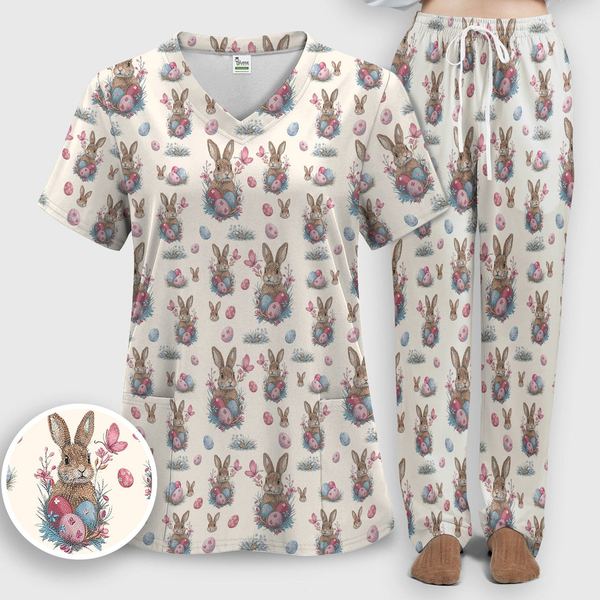 Pastel Easter Bunny Nest Nurse Scrub Set