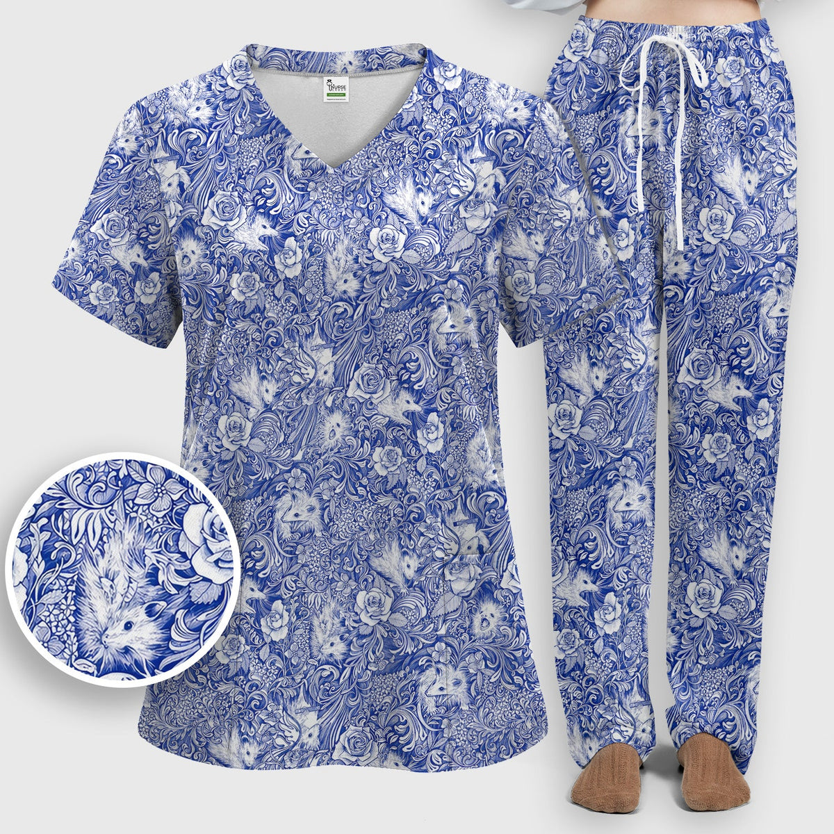 Blue Toile Opossum Floral Nurse Scrub Set