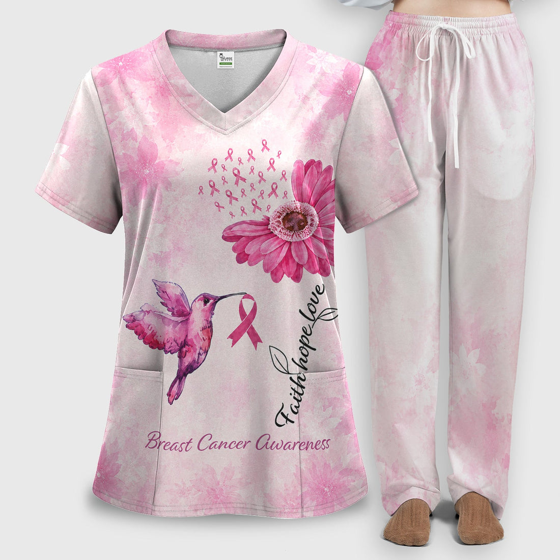 Breast Cancer Awareness Hummingbird Nurse Scrub Set
