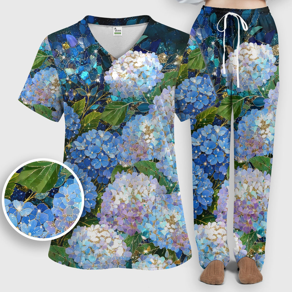 Blue Hydrangea Floral Nurse Scrub Set