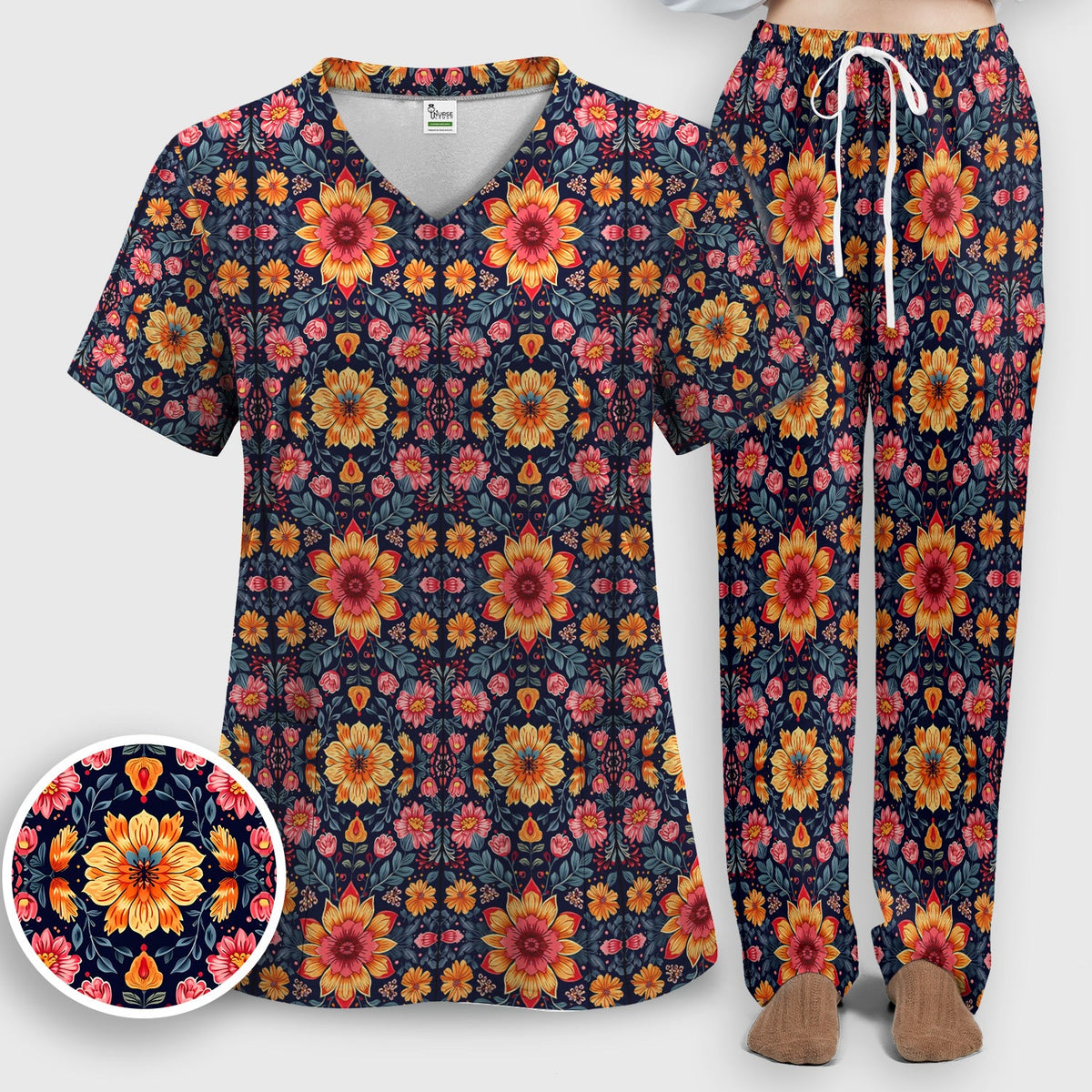 Elegant Dark Floral Nurse Scrub Set
