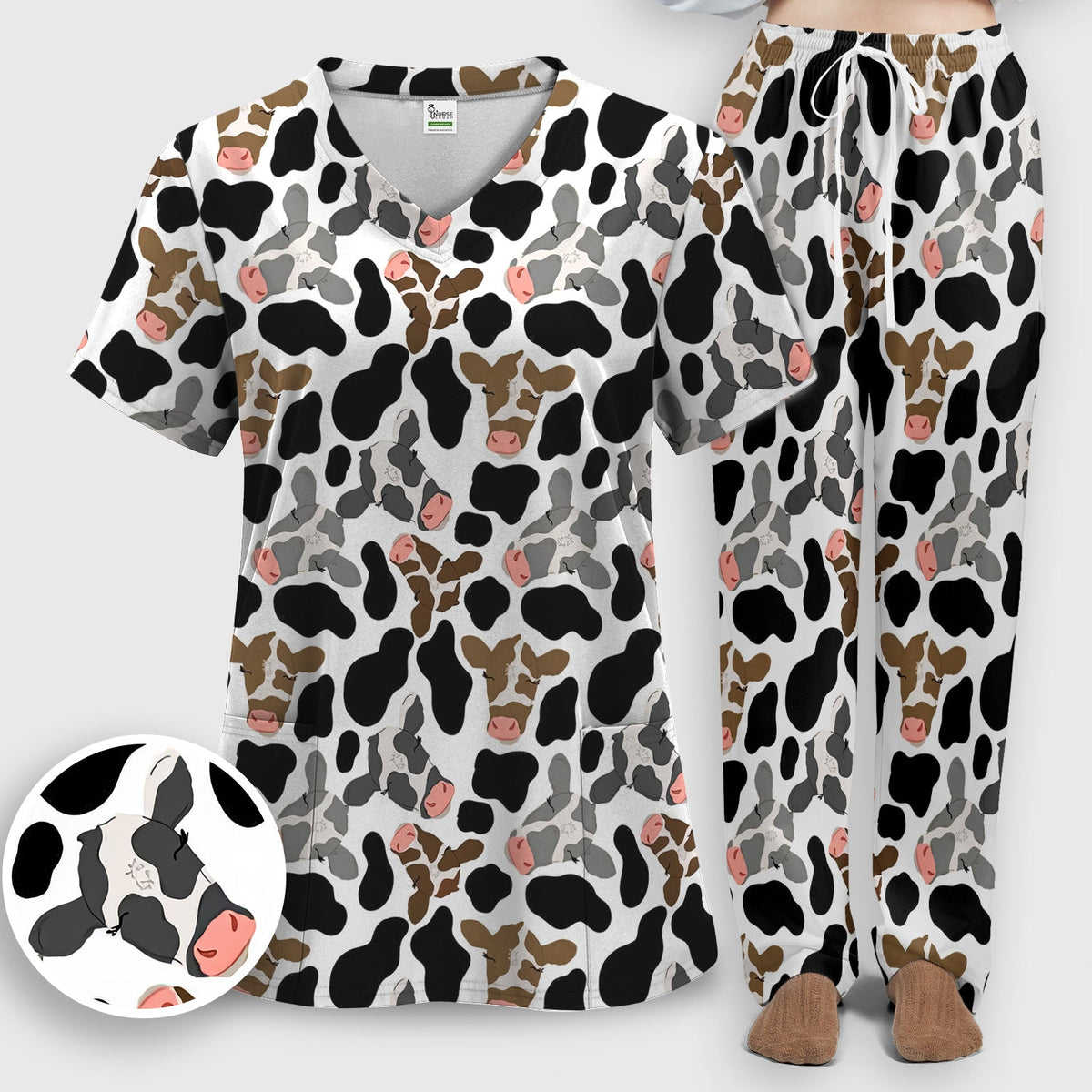 Cow Face Black White Nurse Scrub Set