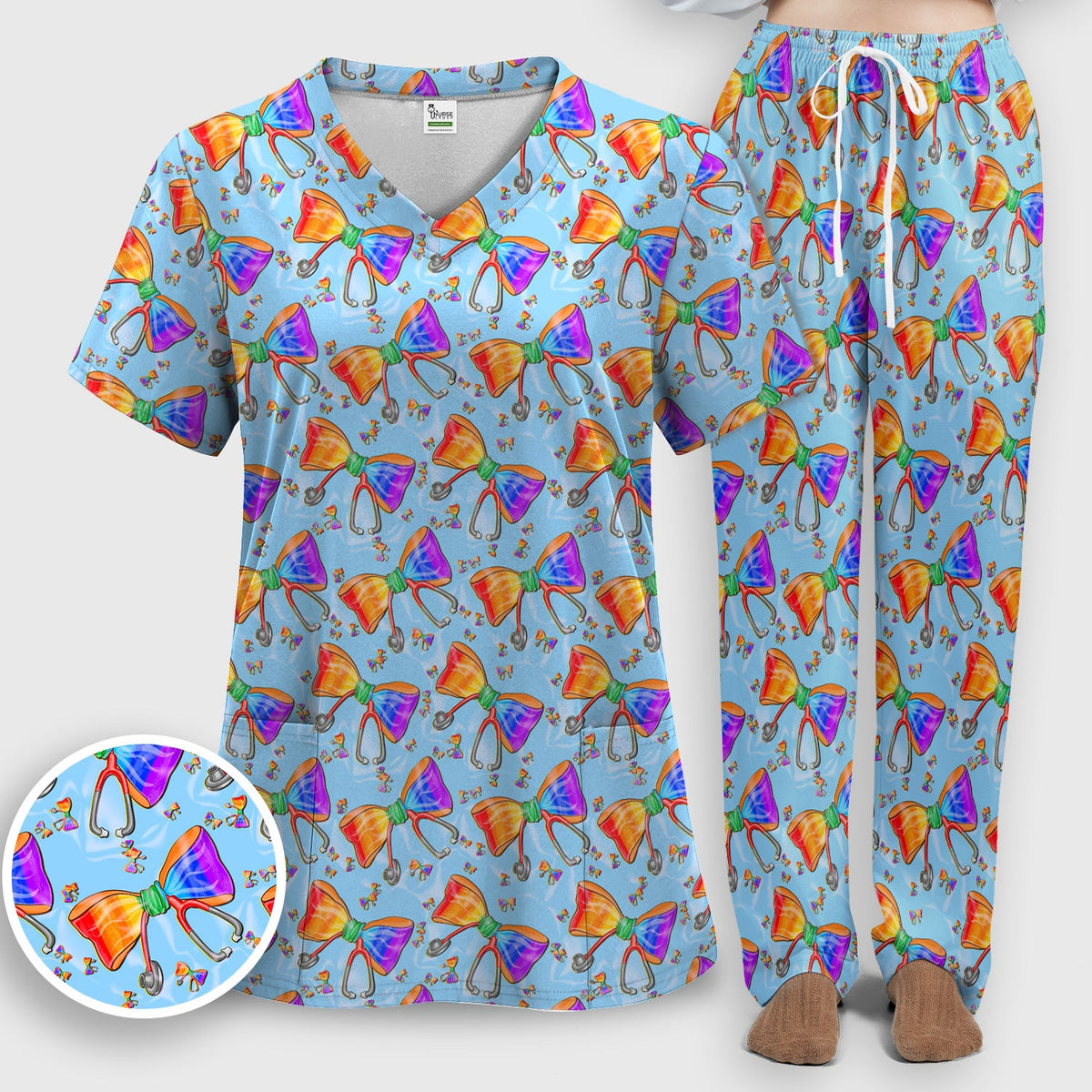Colorful Rainbow Bow Stethoscope Nurse Scrub Set