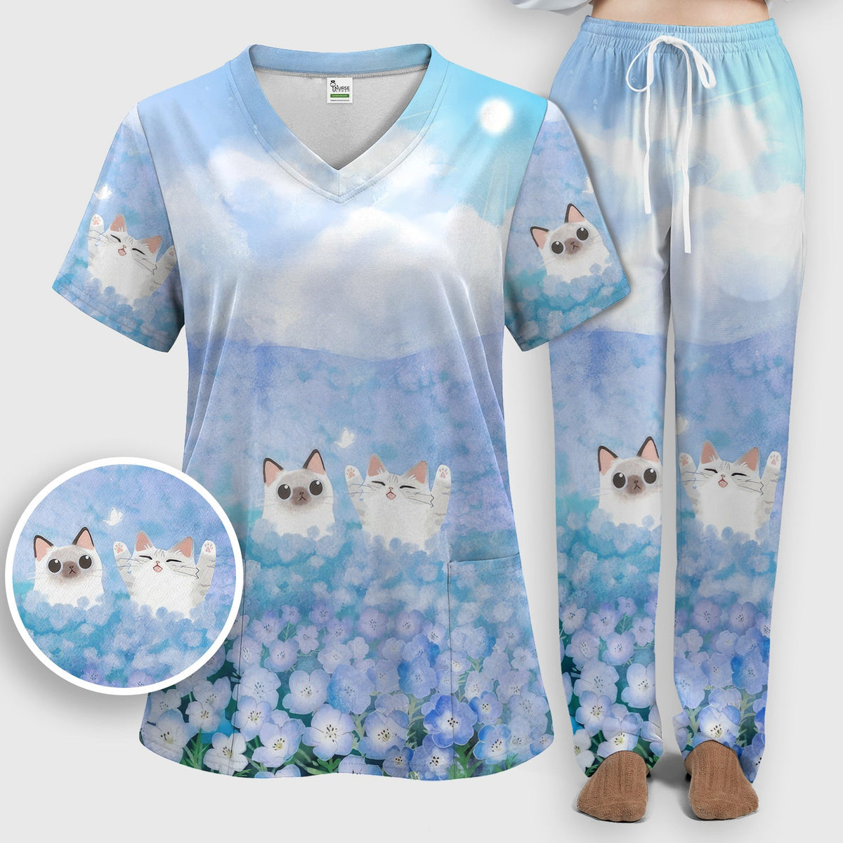 Dreamy Cat Cloud Hydrangea Nurse Scrub Set