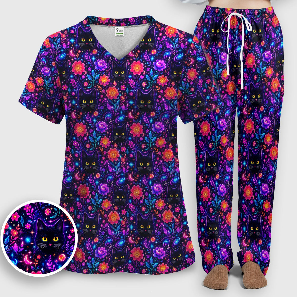 Galaxy Black Cat Floral Nurse Scrub Set