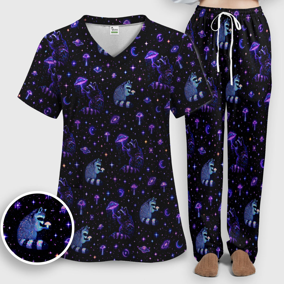 Cute Raccoon Mushroom Galaxy Pattern Scrub Set, Scrub Pants and V Neck Top