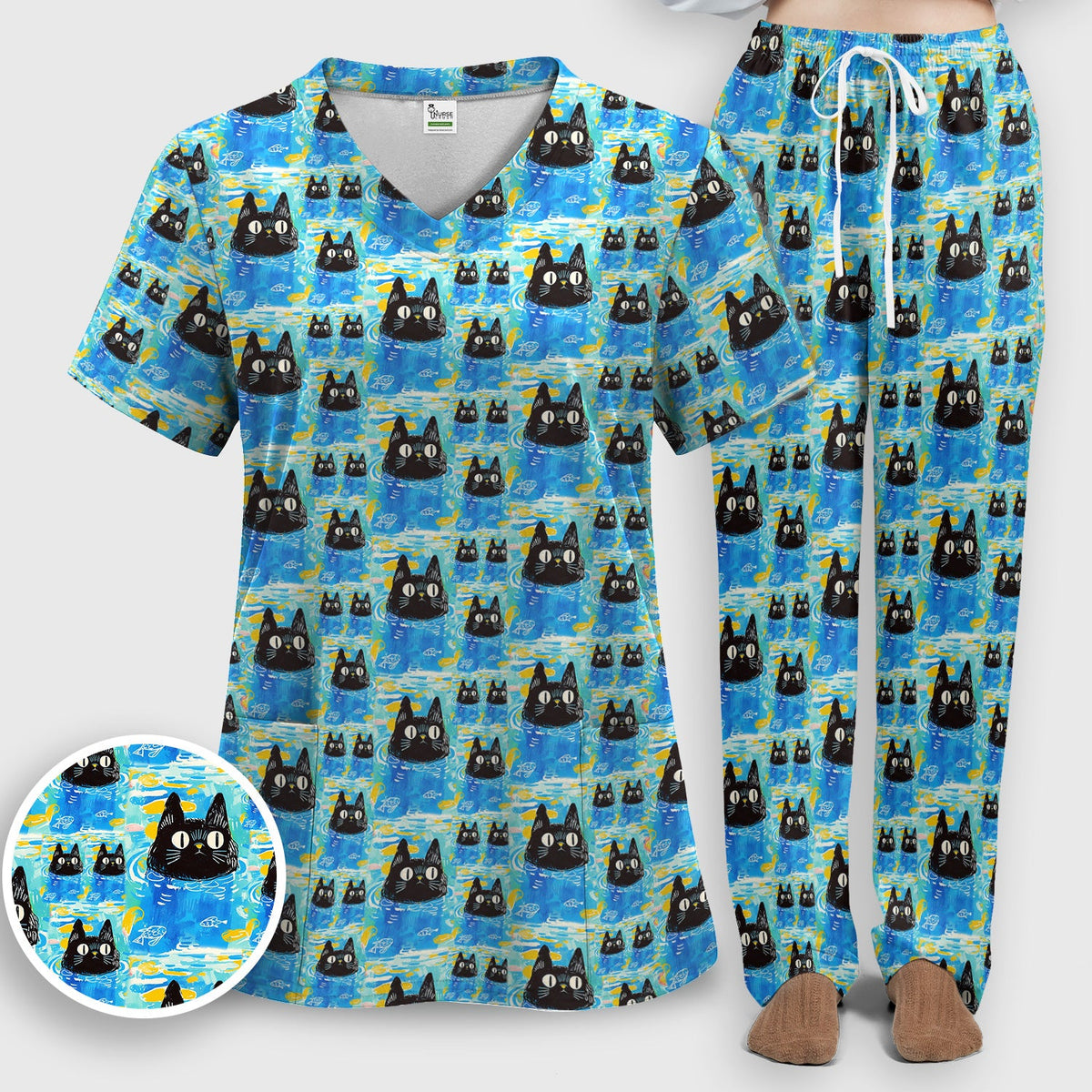 Black Cat Swimming In Blue Water Nurse Scrub Set