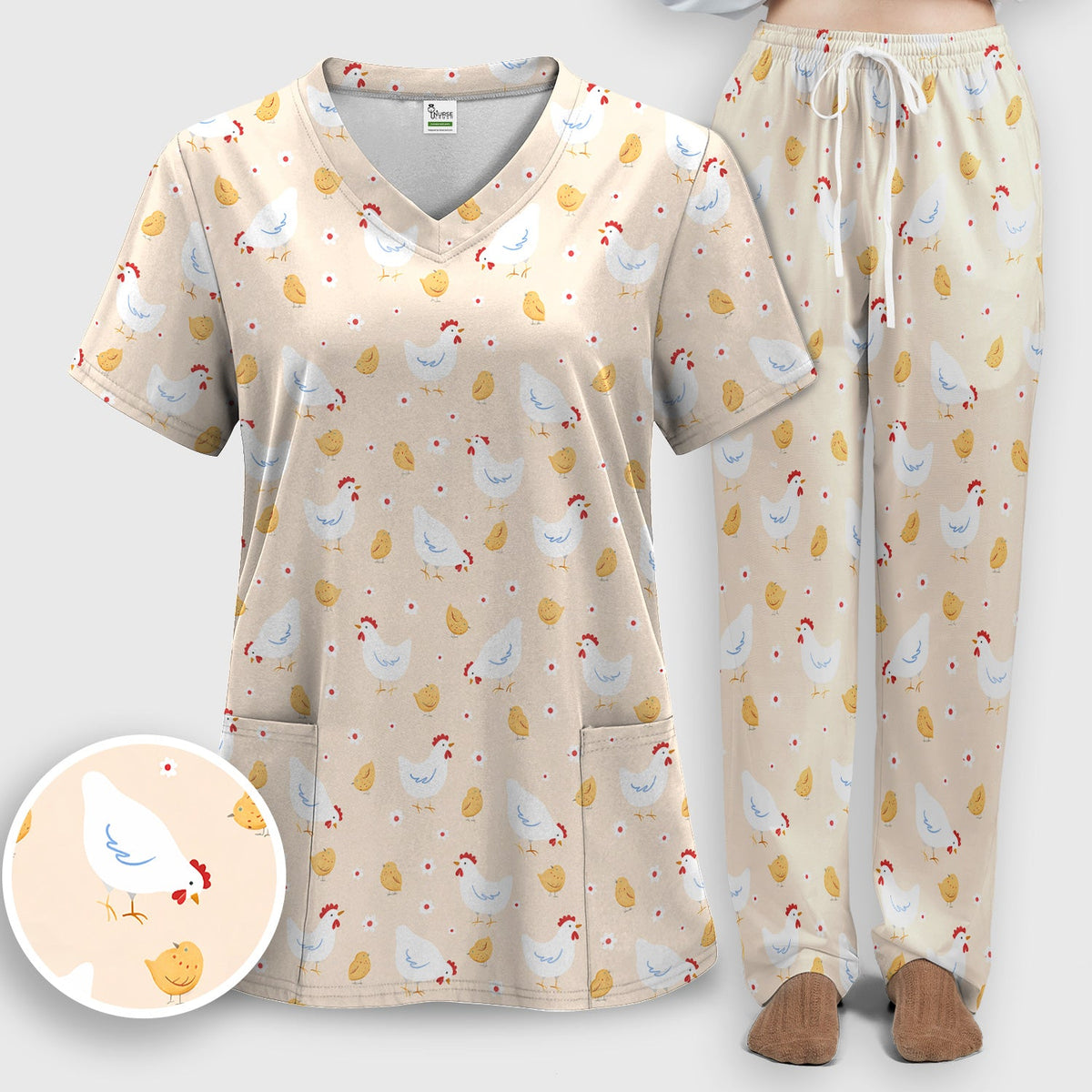 Chicken And Cute Chicks Nurse Scrub Set