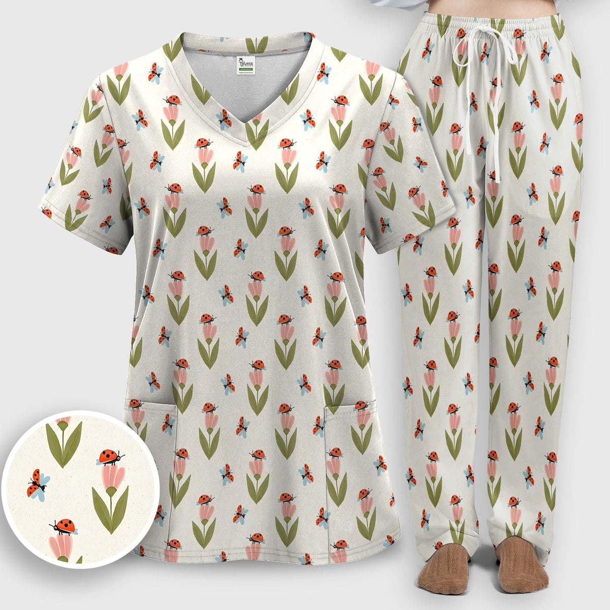 Ladybug Tulip Floral Nurse Scrub Set