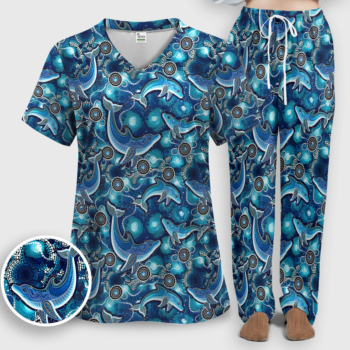 Ocean Dolphin Aboriginal Dot Print Scrub Set, Scrub Pants and V Neck Top