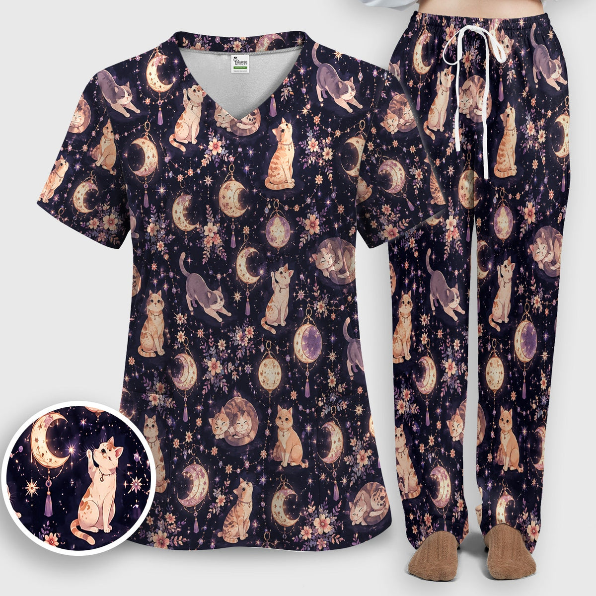 Celestial Cat Pattern Scrub Set, Scrub Pants and V Neck Top