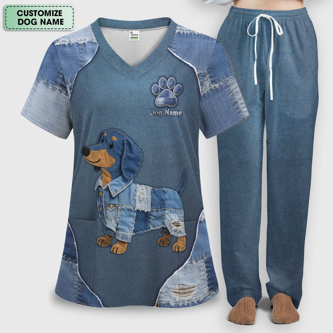 Personalized Denim Dachshund Nurse Scrub Set