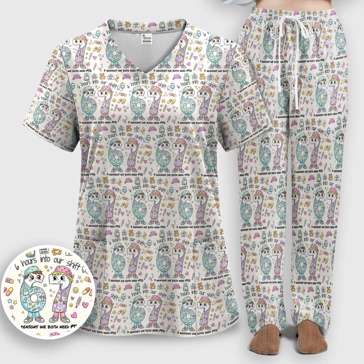 Six Hours Into Shift Beige Nurse Scrub Set