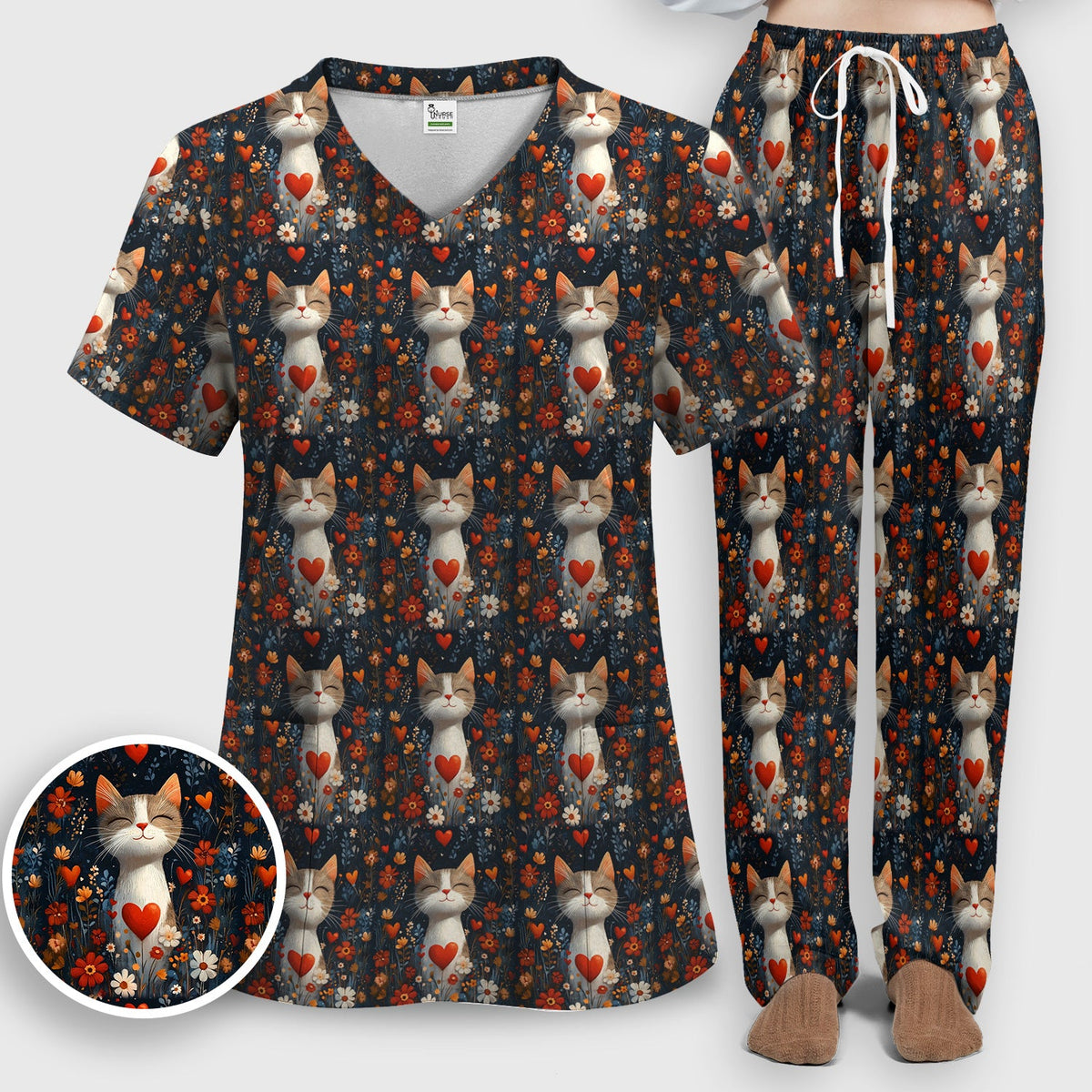 Cat Heart Floral Garden Nurse Scrub Set