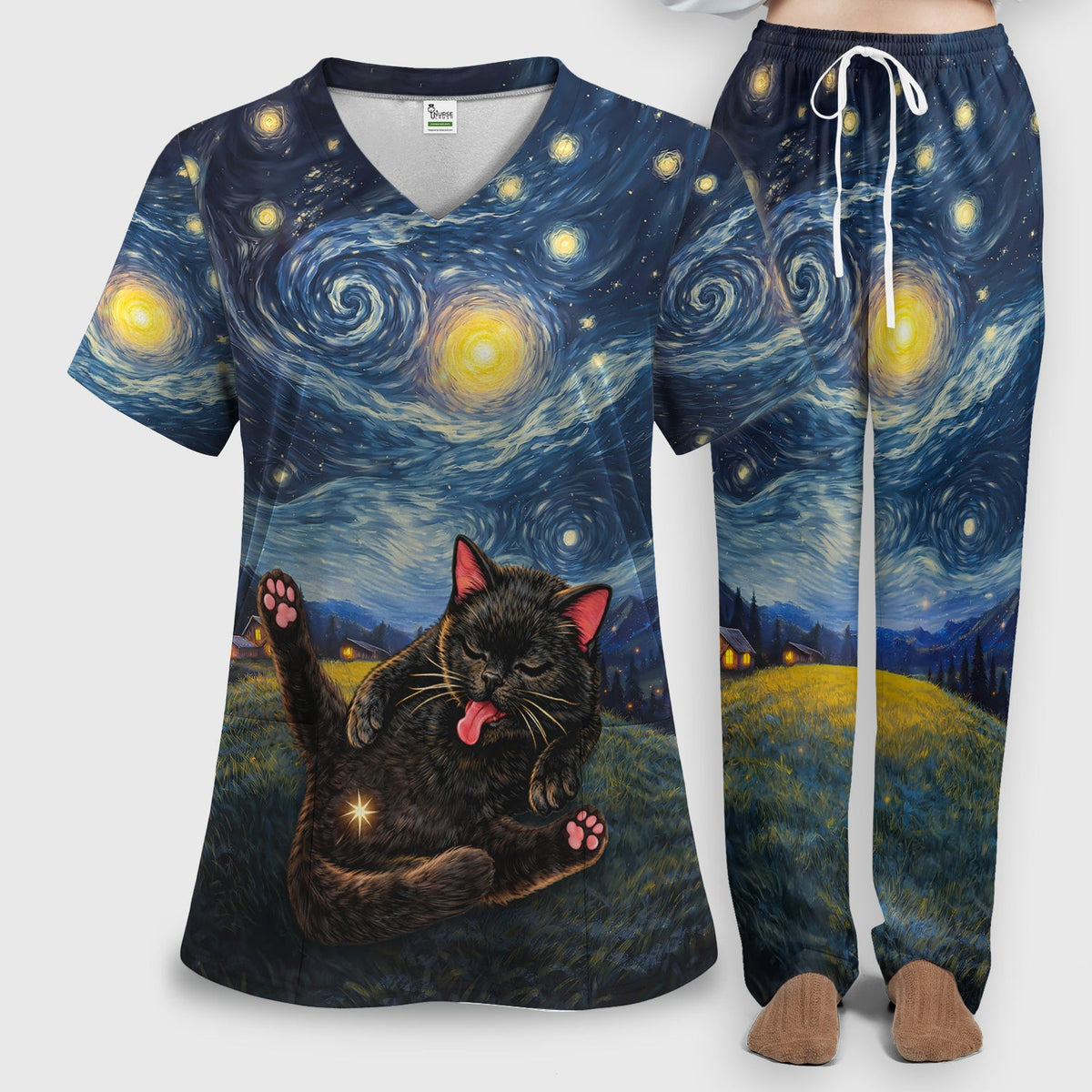 Black Cat Cosmic Night Sky Nurse Scrub Set