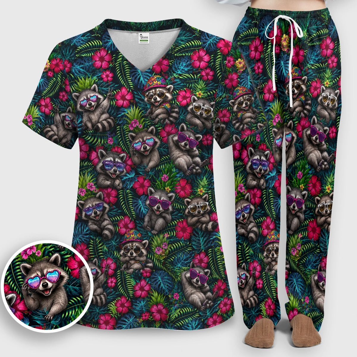 Tropical Raccoon Nurse Floral Scrub Set