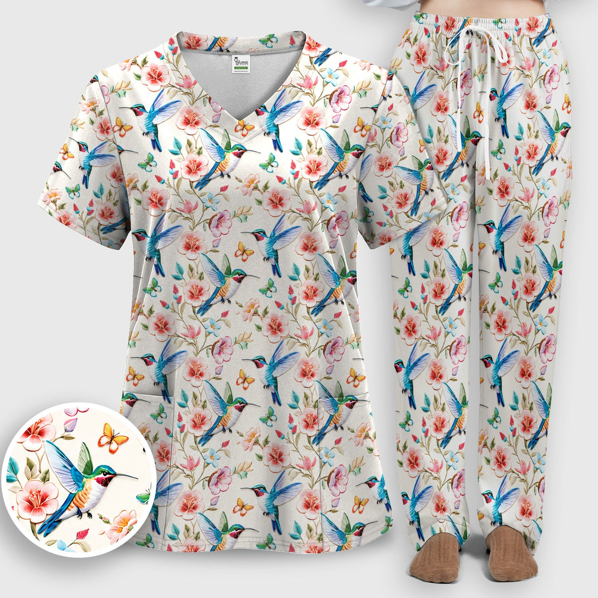 Hummingbird Blossom Butterfly Nurse Scrub Set