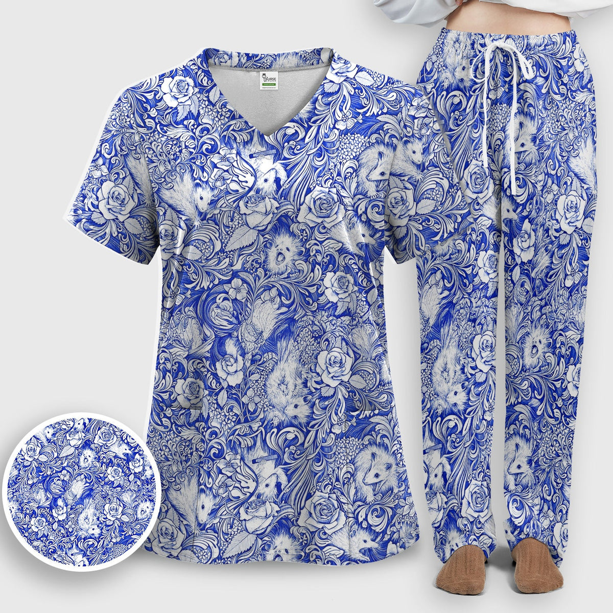 Blue Floral Opossum And Roses Nurse Scrub Set