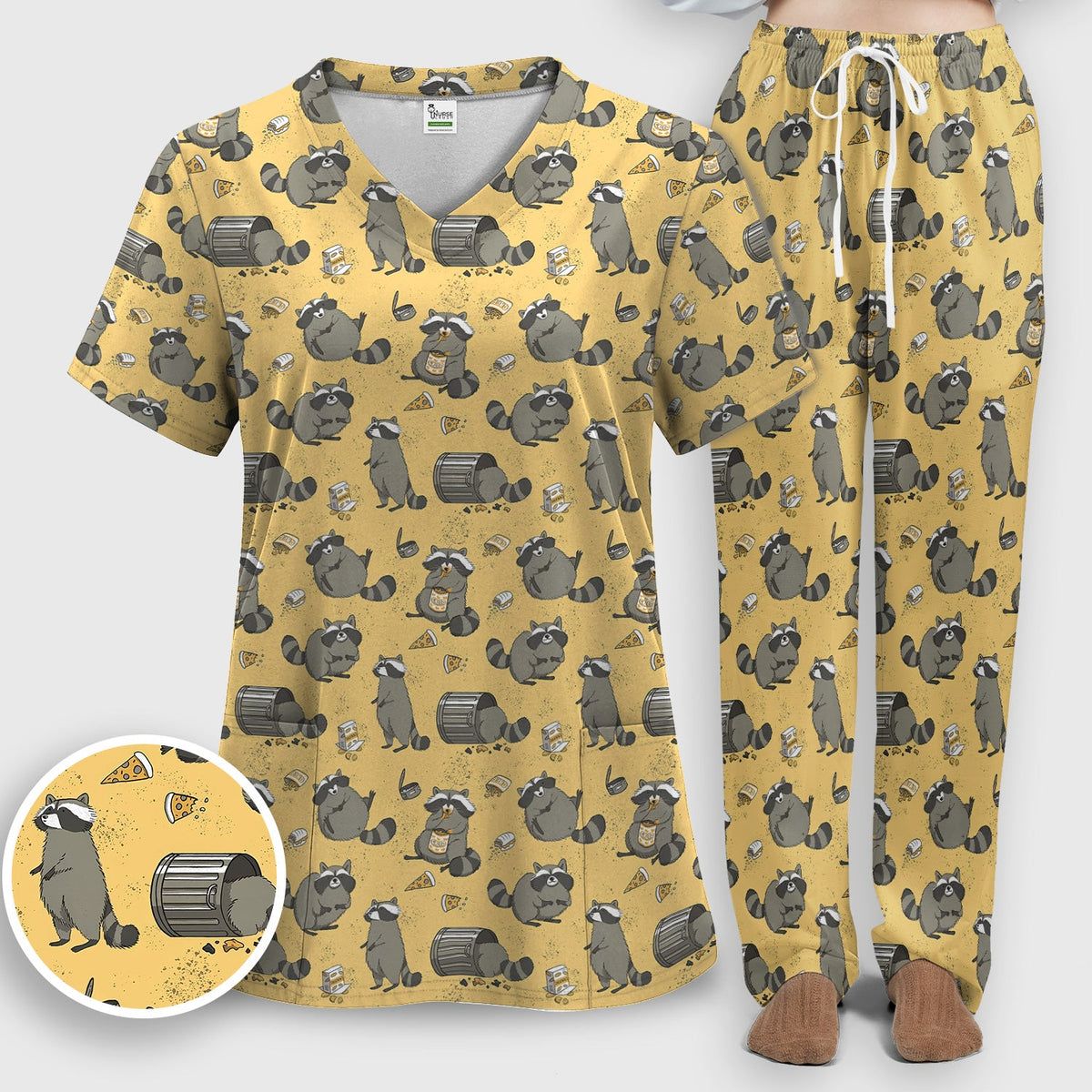 Raccoon Snack Trash Can Nurse Scrub Set