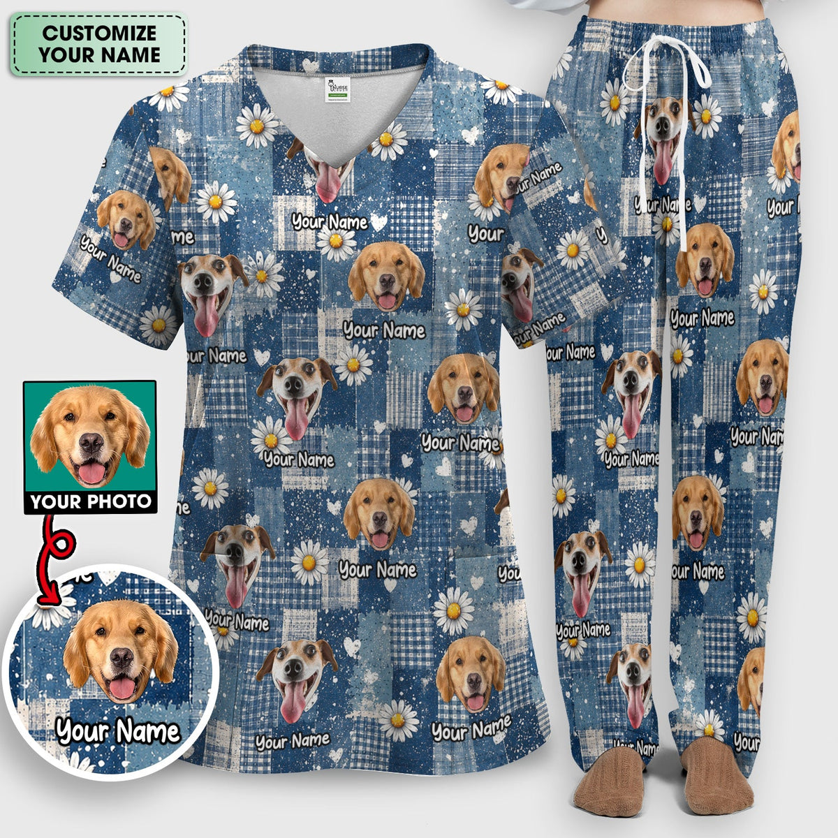 Personalized Dog Photo Patchwork Daisy Nurse Scrub Set