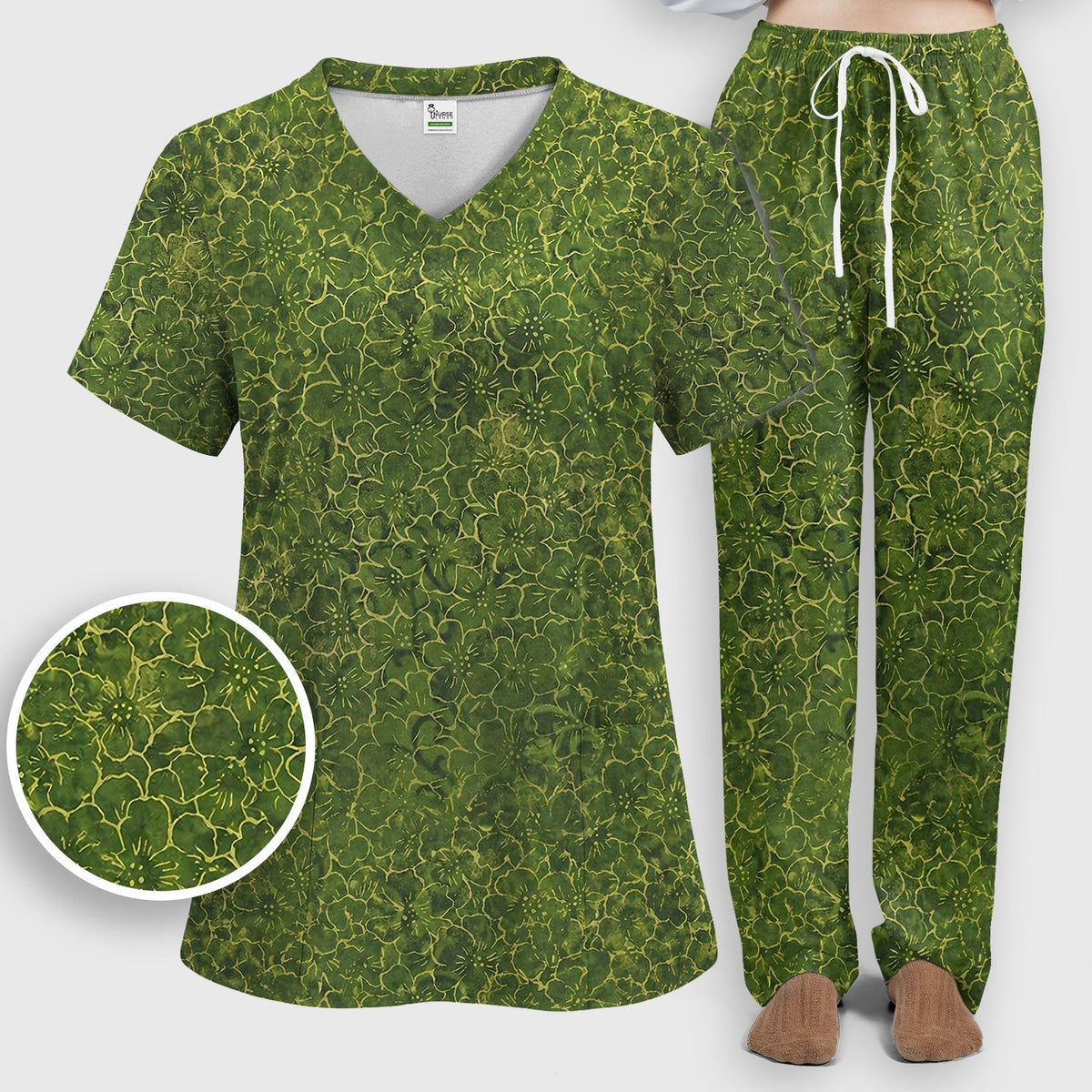 Green Floral Blossom Nurse Scrub Set