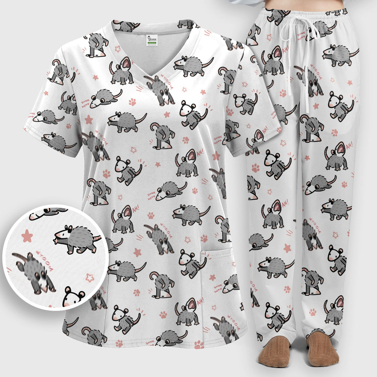 Cartoon Opossum Nurse Scrub Set