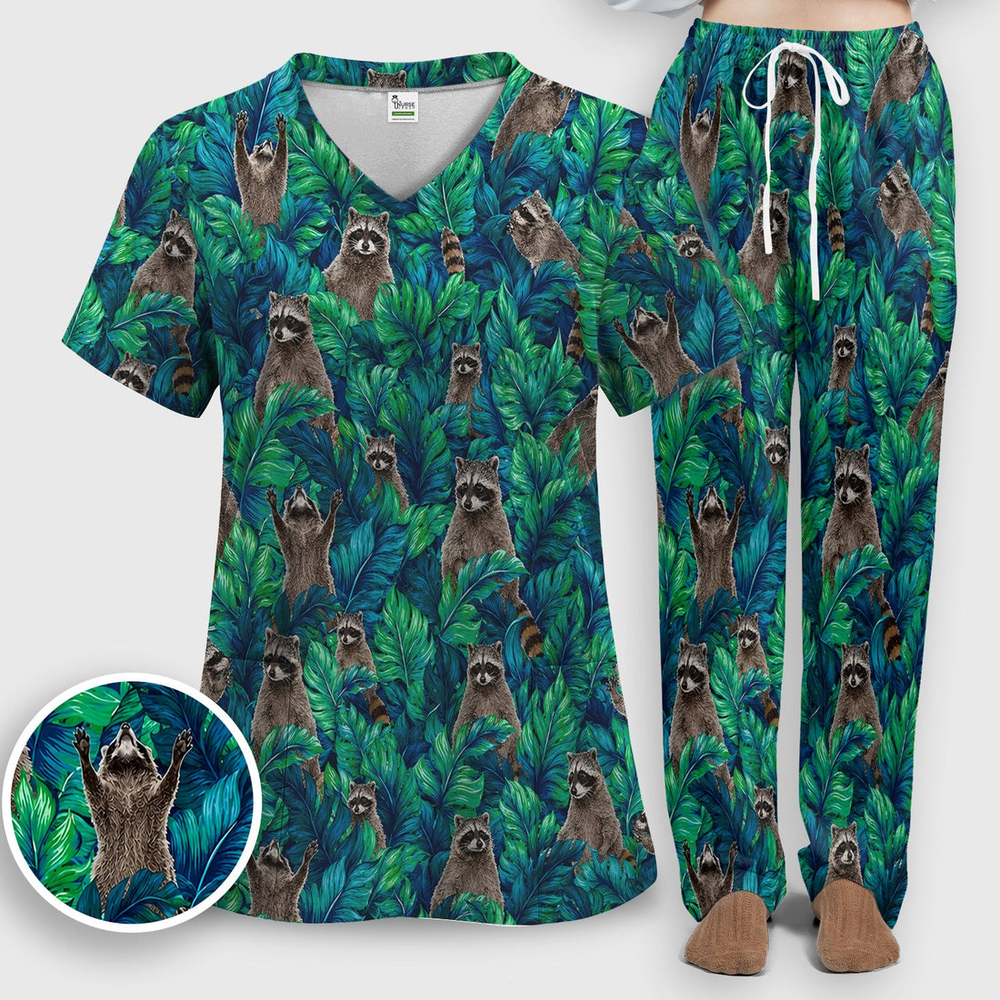 Tropical Raccoon Jungle Leaves Nurse Scrub Set