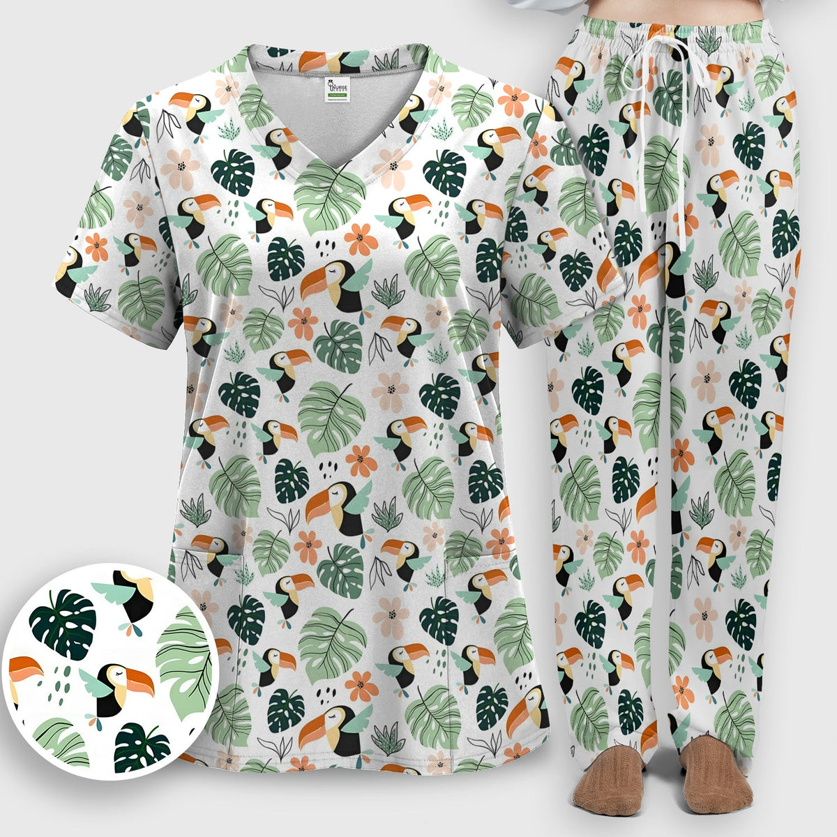 Tropical Toucan Leaf Floral Nurse Scrub Set