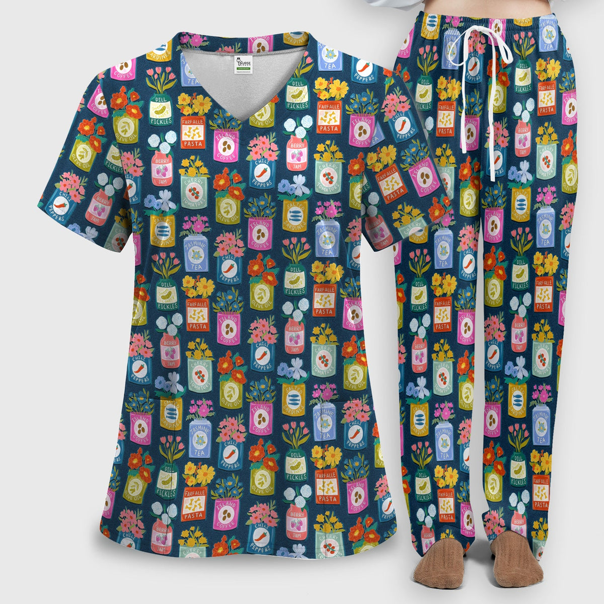 Colorful Pantry Jars Flowers Nurse Scrub Set