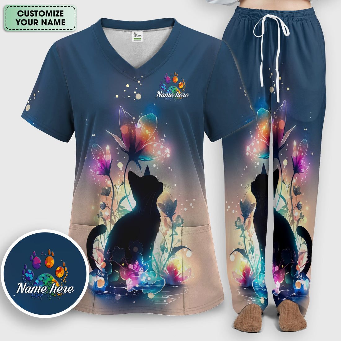 Personalized Cat Floral Glow Nurse Scrub Set