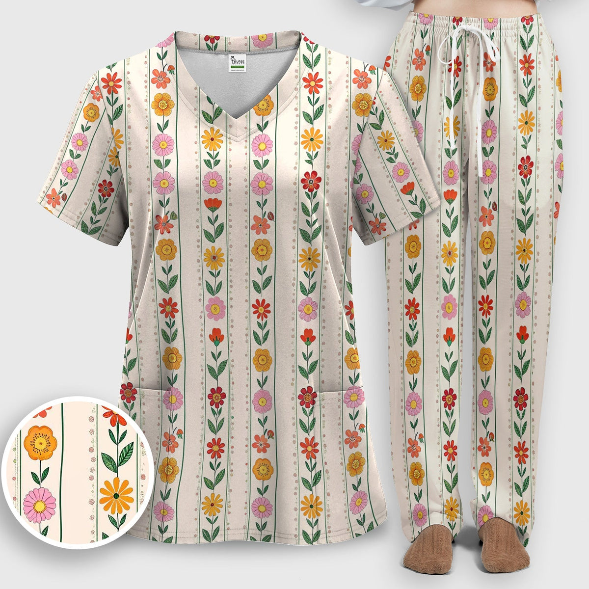 Retro Floral Stripe Print Nurse Scrub Set