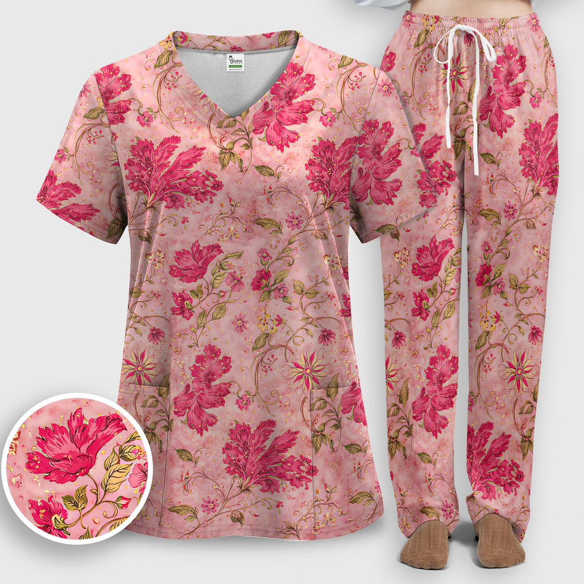 Elegant Pink Floral Vine Nurse Scrub Set