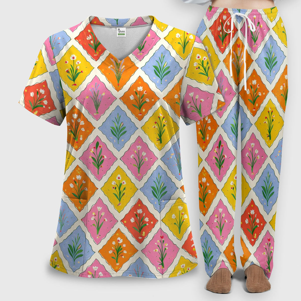 Colorful Floral Tile Nurse Scrub Set