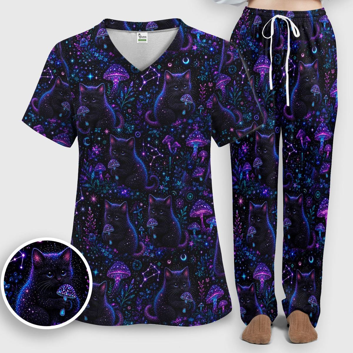 Neon Black Cat Mushroom Galaxy Nurse Scrub Set