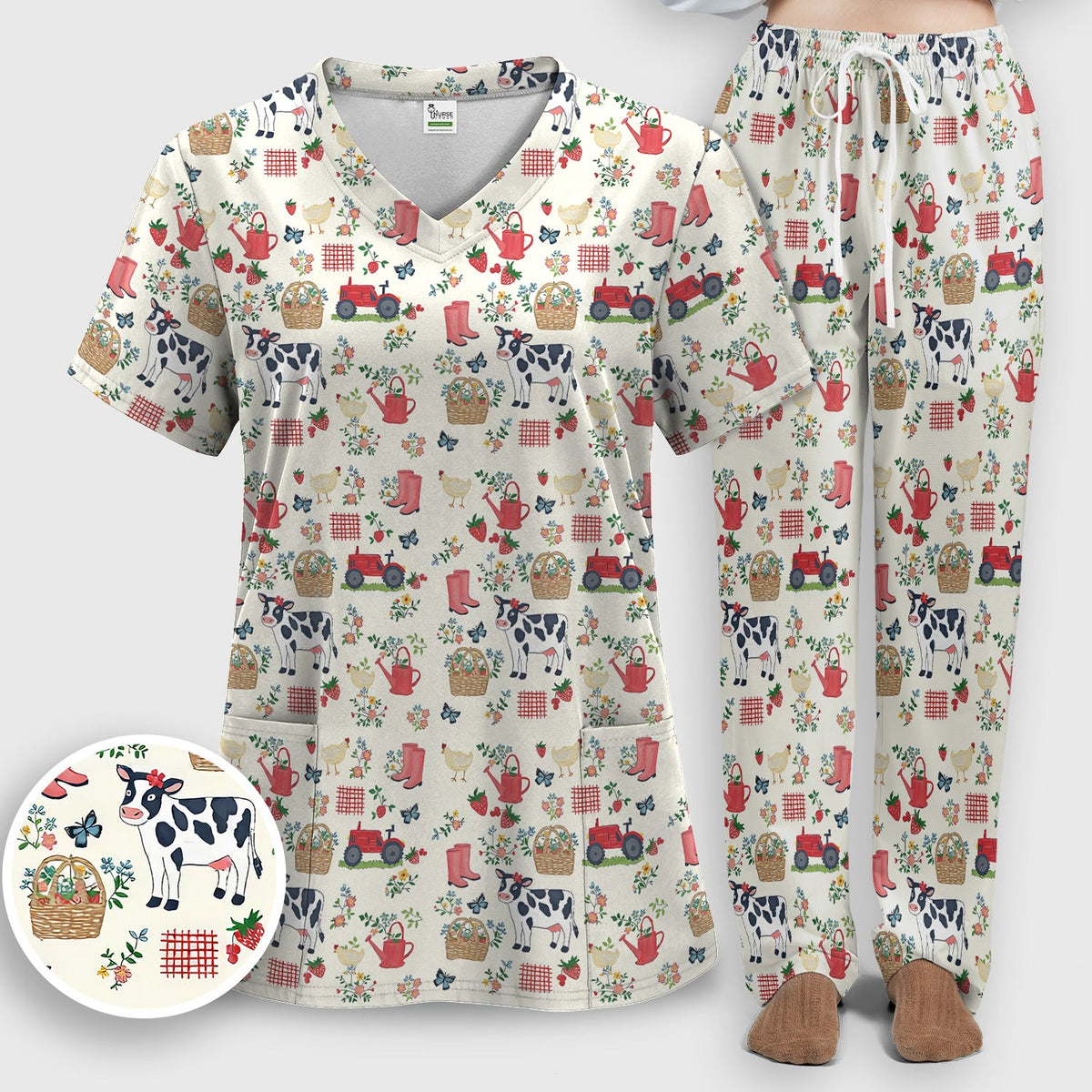 Cow Chicken Farm Nurse Scrub Set