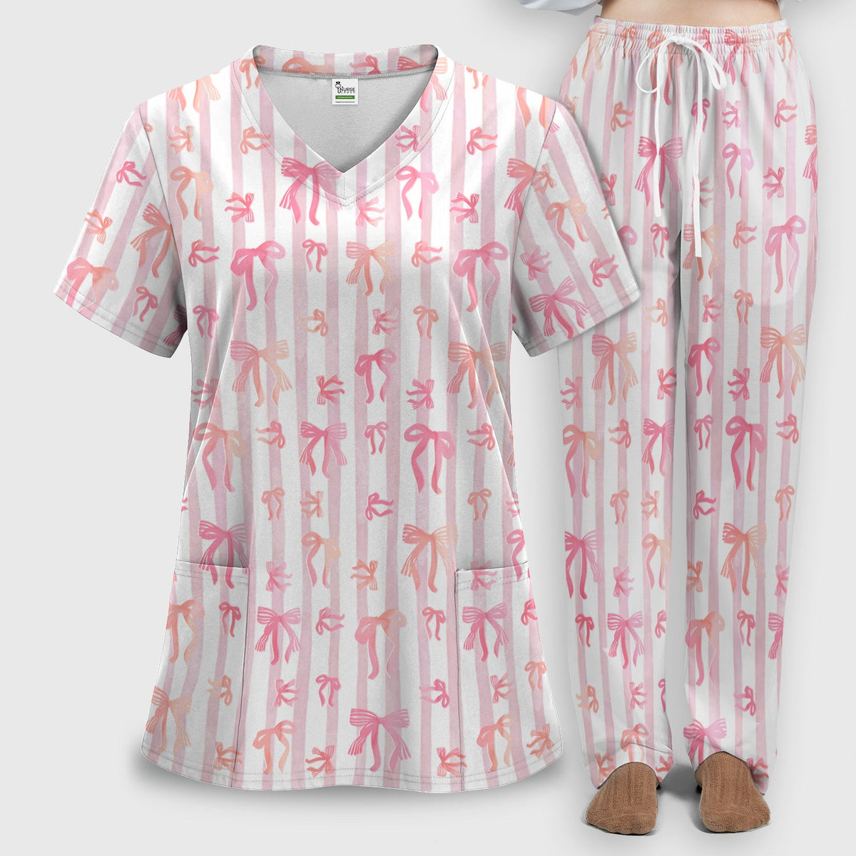 Pink Bow Stripe Nurse Scrub Set