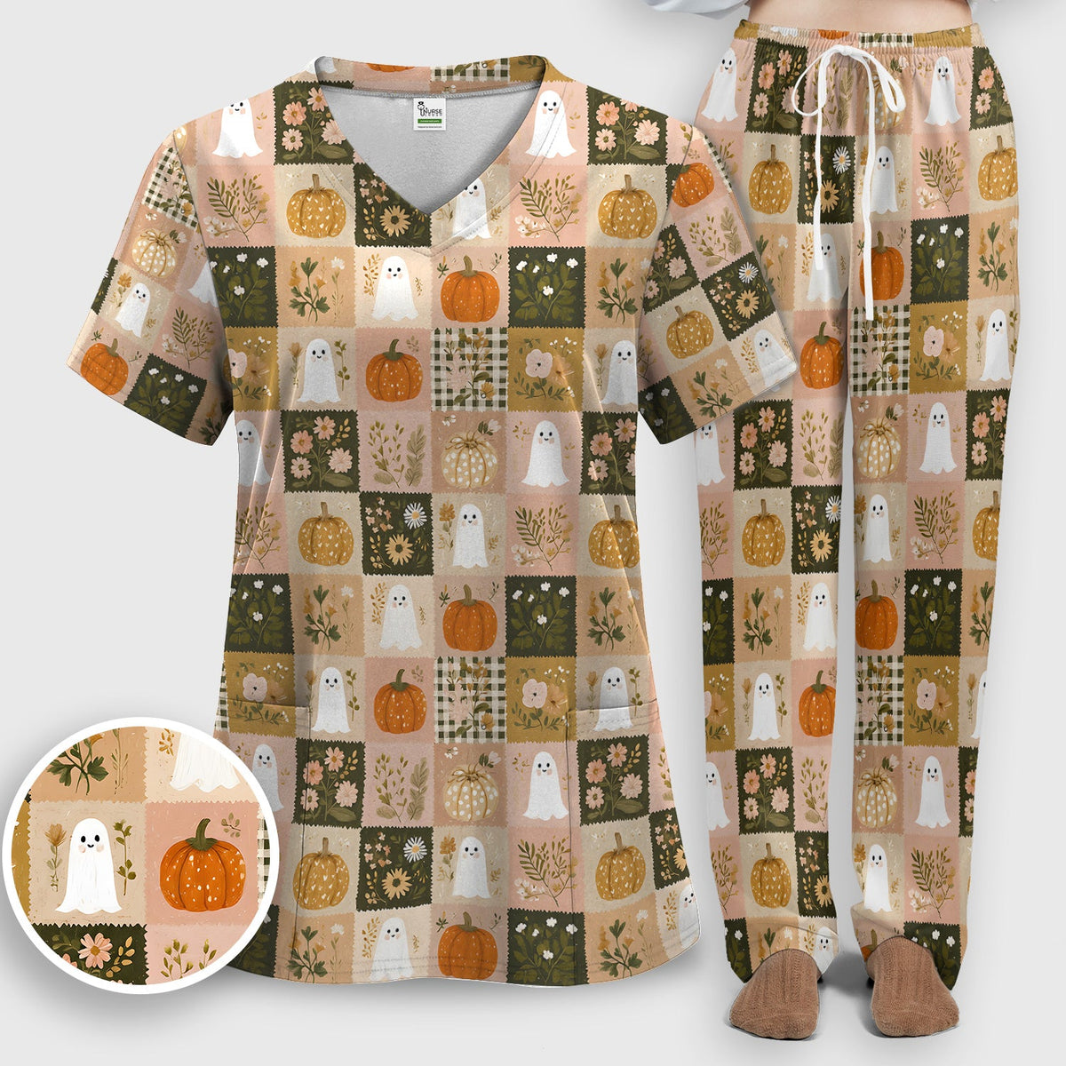 Halloween Ghost Pumpkin Patchwork Nurse Scrub Set