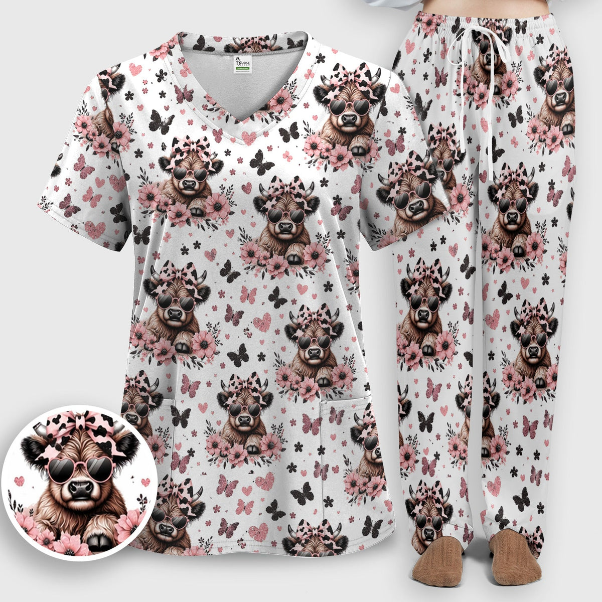 Cow Heart Sunglasses Nurse Scrub Set
